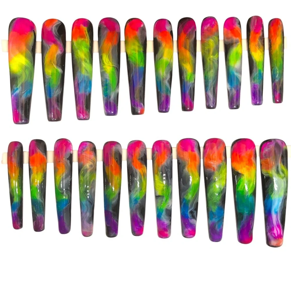 Custom Handmade Set of 22 Press On Nails 2X Long Coffin Shape Black & Ne… - Picture 4 of 9